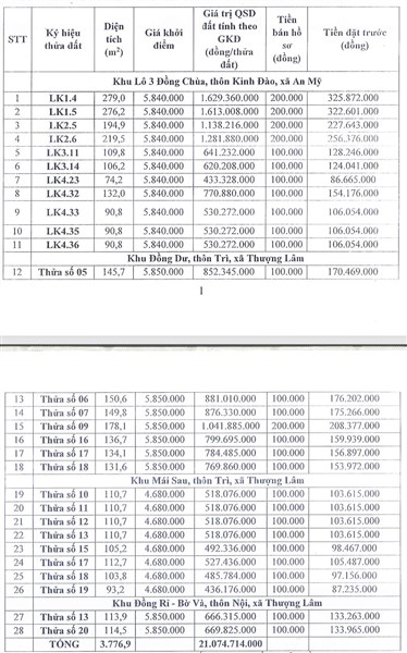Thông báo đấu giá quyền sử dụng 28 thửa đất với tổng diện tích 3.776,9m2 tại xã An Mỹ và xã Thượng Lâm, huyện Mỹ Đức, thành phố Hà Nội