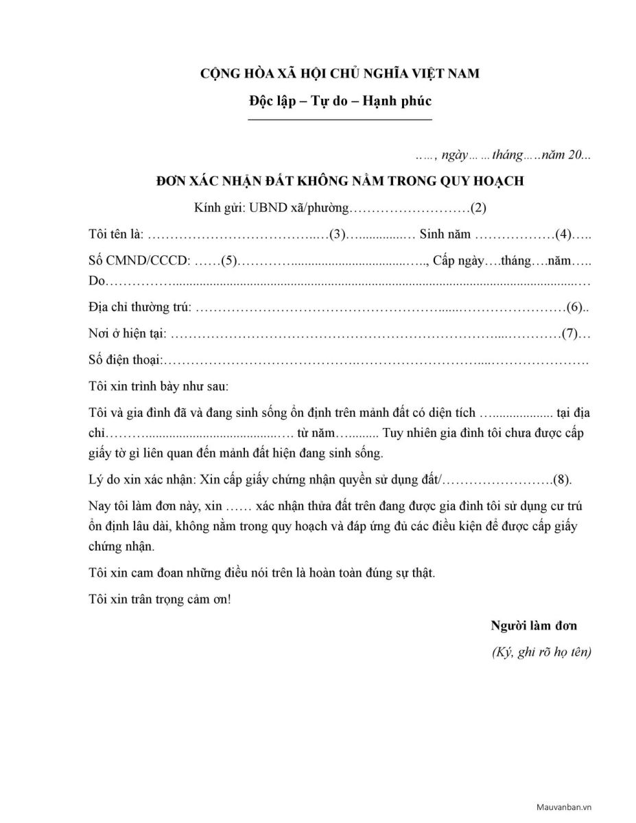 Đơn xin xác nhận đất không thuộc quy hoạch