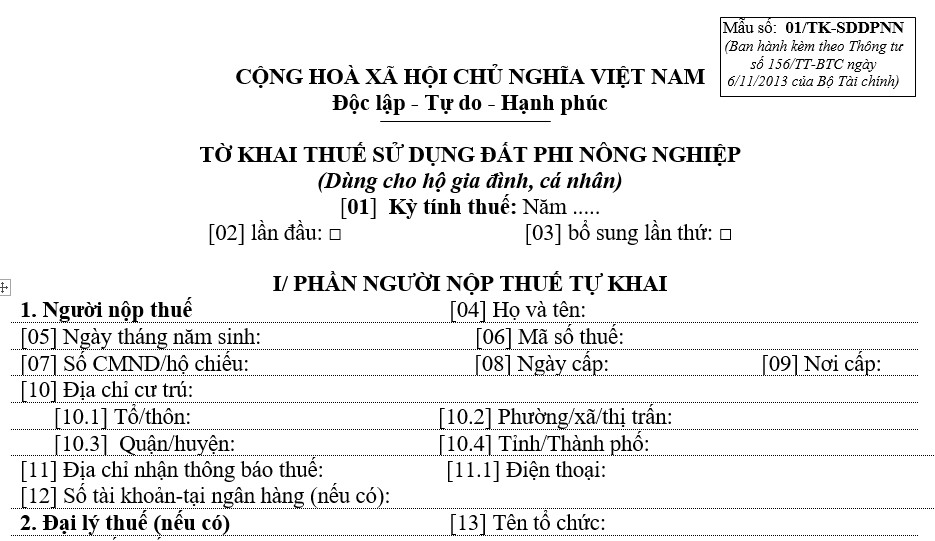 Tờ khai thuế sử dụng đất phi nông nghiệp