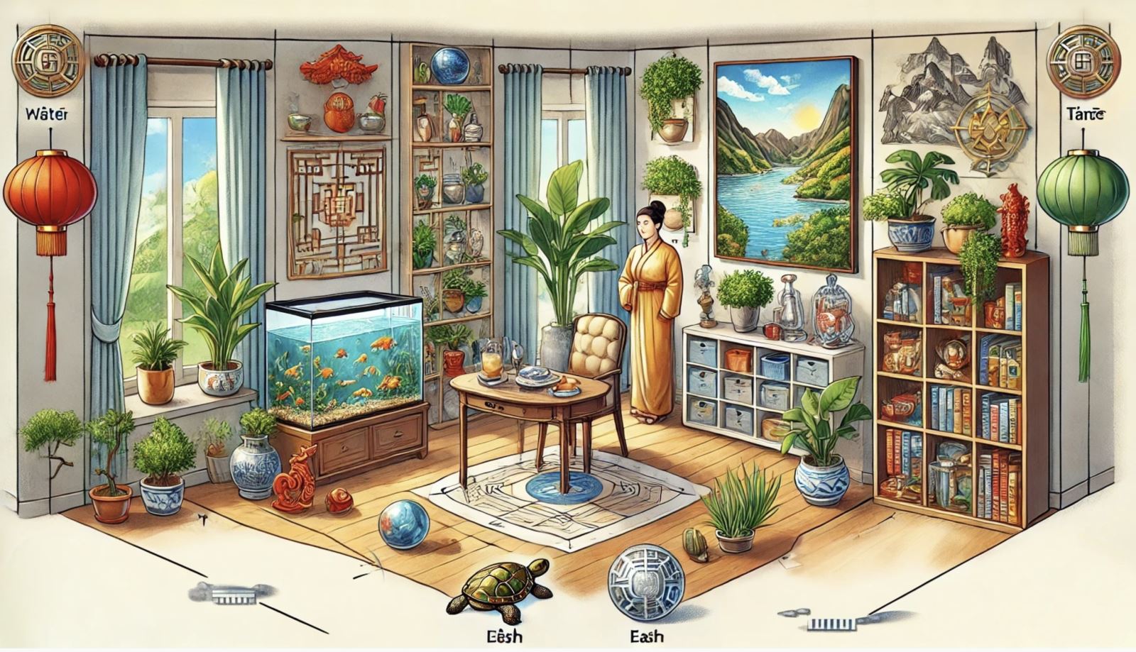 Không gian nhà mệnh Thuỷ được bố trí đầy đủ vật phẩm kích hoạt phong thuỷ