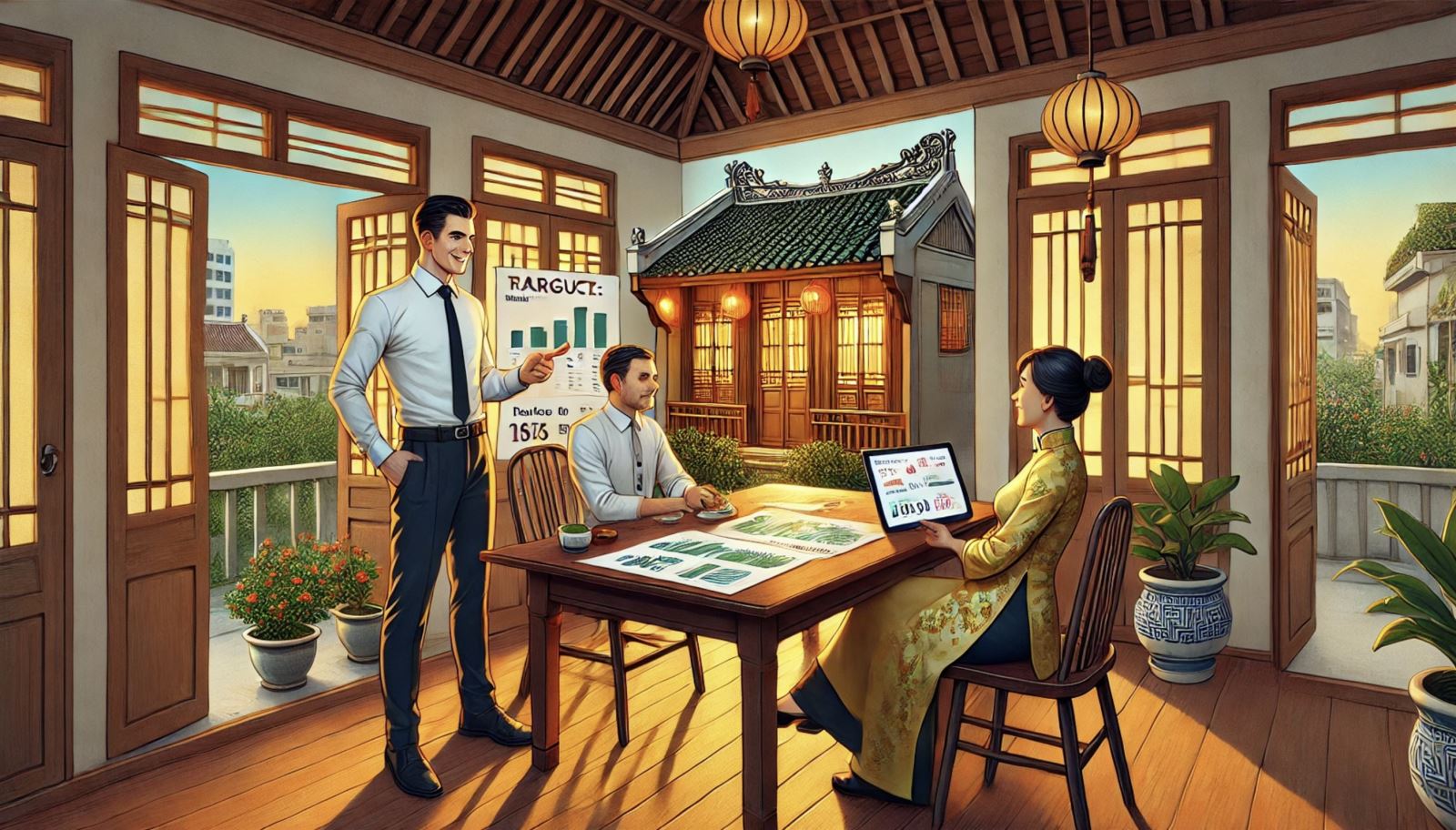 Hình ảnh minh hoạ khách mua và chủ nhà đang đàm phán giá trị bất động sản